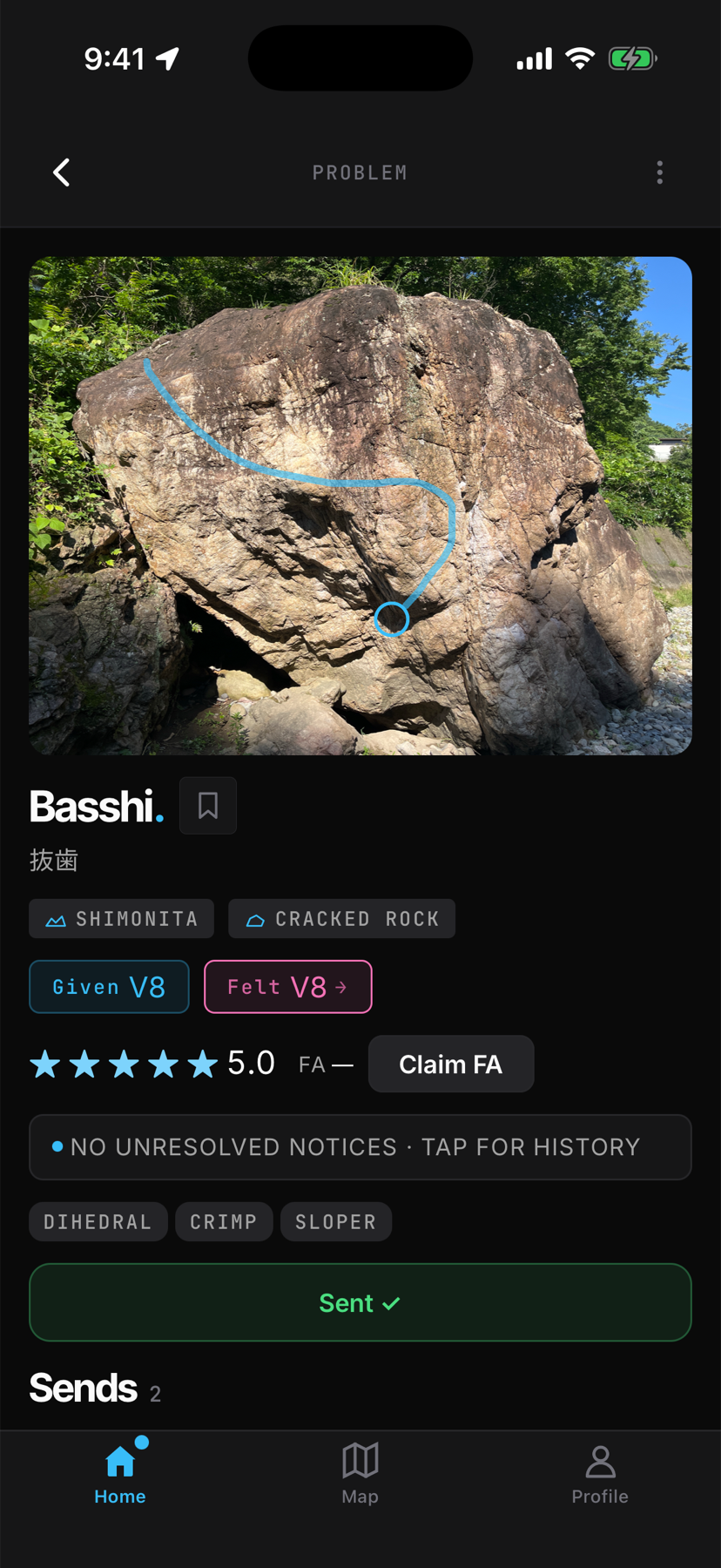 Problem line drawn on a boulder photo