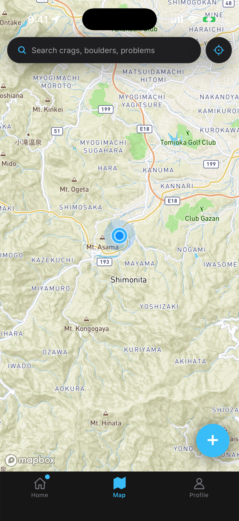 Map view with crag pins